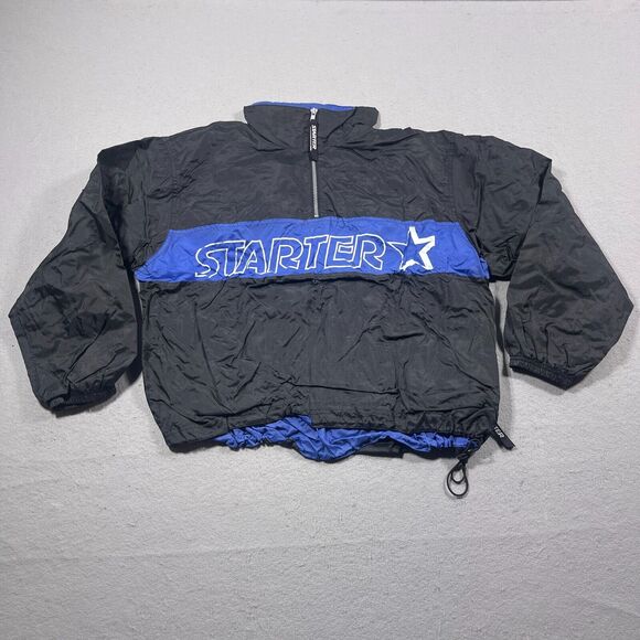 Vintage Starter Jacket Women Large‎ Windbreaker Black Blue Ripstop Hooded - Picture 1 of 12